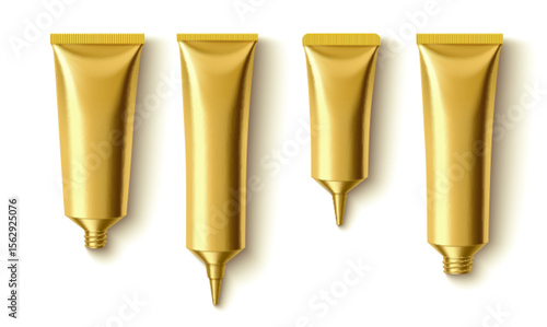Golden metal cream tubes with different applicator tips - screw nozzle, smooth cap, pointed dispenser, threaded opening. Luxury cosmetic packaging mockups for skincare product in shiny metallic finish