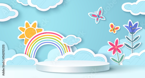 Paper cut rainbow scene with blue sky background - colorful arch connecting fluffy clouds, yellow sun, butterflies around cylinder podium. Flowers bloom beside platform in layered papercraft style.