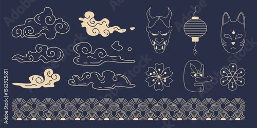 Traditional Japan elements set - swirling cloud patterns, oni demon mask, kitsune fox face, paper lantern, sakura blossoms, lantern and asia wave motifs. Line art collection for oriental design