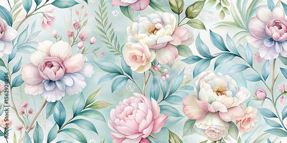 A Soft Pastel Floral Design Featuring Delicate Peonies and Lush Greenery on a Tranquil Aqua Background A Soft Pastel Floral Design Featuring Delicate Peonies and Lush Greenery on a Tranquil Aqua Background
