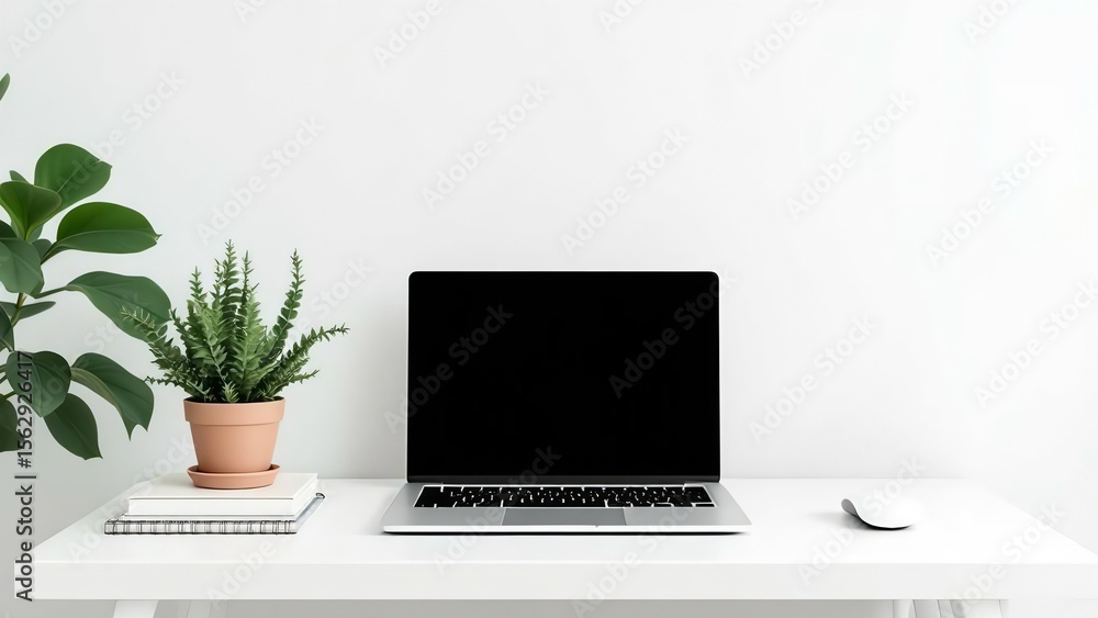 Fototapeta premium Modern minimalist desk setup with laptop plants and mouse isolated on white background
