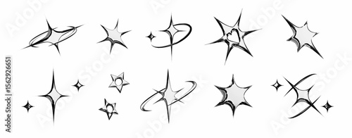 Chrome star emoticon set with metallic silver sparkles, swoosh trail, cluster formation, curved motion line and sharp pointed bursts for y2k aesthetic design, retro digital art or shiny interface.