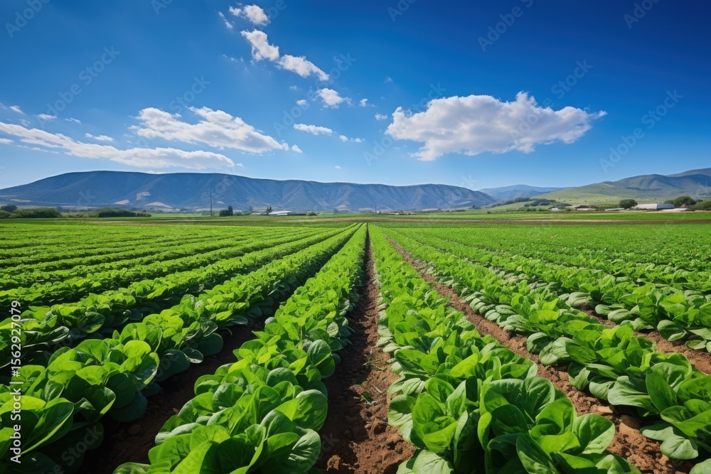 Wide-angle perspective reveals lush green vegetable fields stretching towards picturesque mountains, reflecting the tranquility and productivity of agricultural life in a serene landscape. Wide-angle perspective reveals lush green vegetable fields stretching towards picturesque mountains, reflecting the tranquility and productivity of agricultural life in a serene landscape.