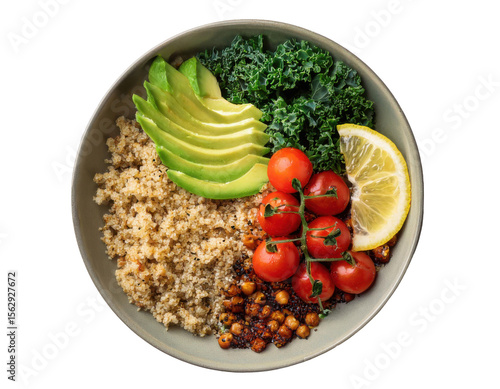Wallpaper Mural Top-down view of a colorful and vibrant healthy food bowl filled with quinoa, avocado slices, cherry tomatoes, kale, roasted chickpeas, and a lemon wedge, arranged on transparent background Torontodigital.ca