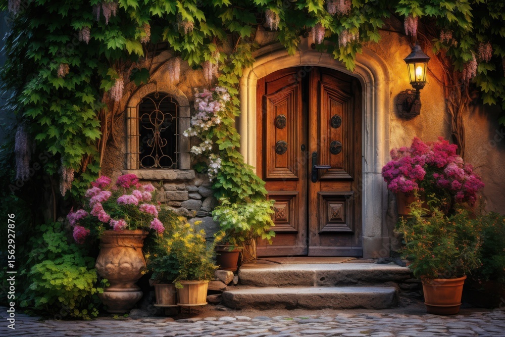Fototapeta premium A charming rustic wooden door blends seamlessly with an old stone wall, adorned with ivy and bright flowers, while a cozy lantern adds warmth to the inviting entrance at dusk.