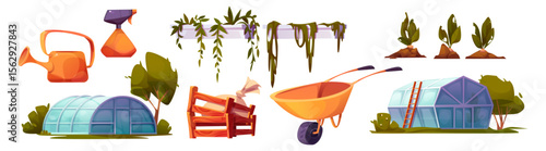 Cartoon garden greenhouse set with watering can, spray bottle, hanging planters with vines, sprouting seedlings in soil, wooden crate, wheelbarrow and glass dome buildings. Farm equipment collection