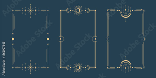 Tarot moon frame set with golden celestial borders - mystical stars, sun symbols, crescents decorating rectangular card templates. Elegant occult designs for astrology cards and esoteric artwork.