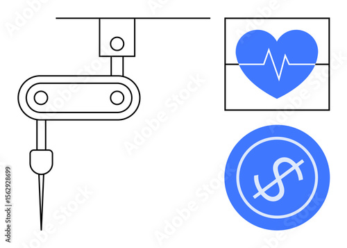 Robotic arm performing tasks, heart health monitor, and dollar sign emphasis. Ideal for healthcare, robotics, precision, heart technology, innovation economic impact and cost-savings themes. Simple