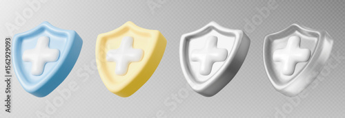 3d health shield icons with plus symbol - blue, yellow, silver and transparent medical protection badges. Healthcare safety emblems for insurance, clinic services. Hospital wellness cross sign.