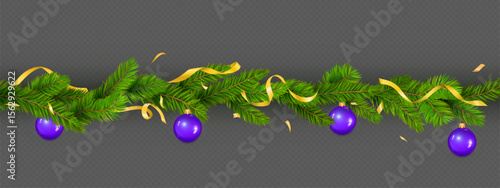 Festive pine tree garland with purple shiny baubles and golden ribbons - horizontal Christmas decoration border on transparent background. Holiday evergreen branches with ornaments for seasonal design