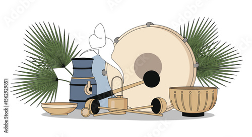Musical instruments and decorated bowls with pine branches