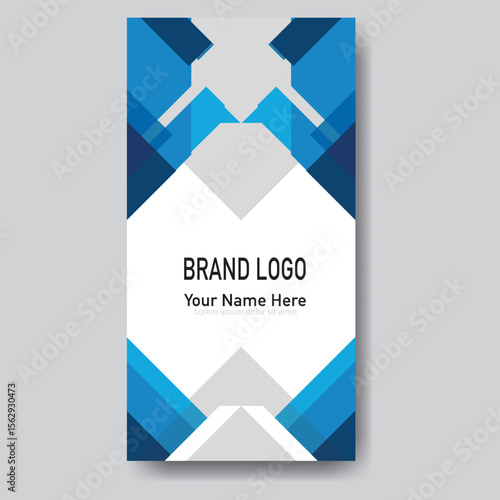 Modern abstract flyer template with sharp blue and gray geometric shapes on white, for brand logos and names.