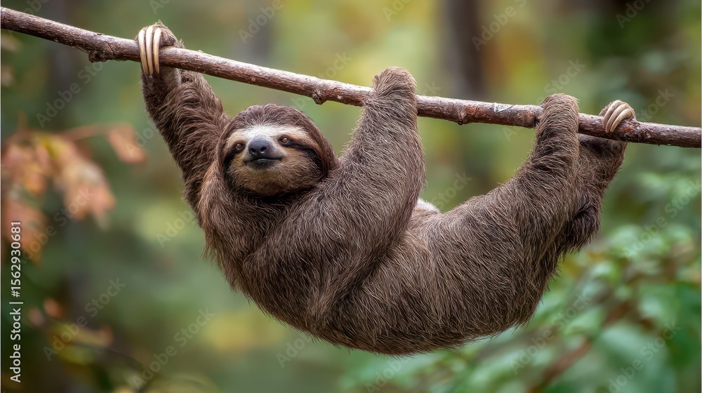 Fototapeta premium Close-up of a sloth hanging from a tree branch.