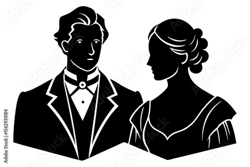Silhouette Vector Art Illustration of a Man and a Woman in Formal or Vintage Attire, Possibly From The 19th or Early 20th Century.