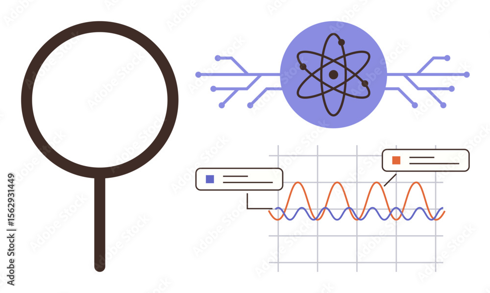 Obraz premium Magnifying glass, atom with digital lines, graph with annotations. Ideal for science, research, analytics, innovation, education engineering technology communication. A simple flat metaphor