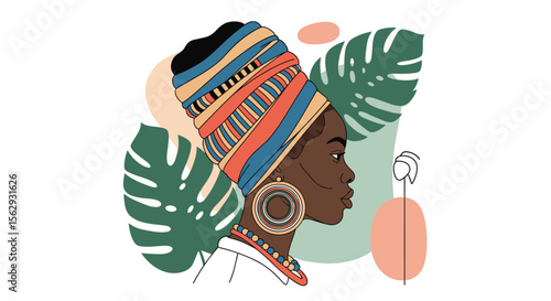 Elegant woman with headwrap and artistic monstera leaf design