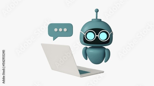 Animated 3D robot character with glasses chatting in front of a laptop, representing AI assistant, virtual support, and chatbot communication in a modern and playful digital style


