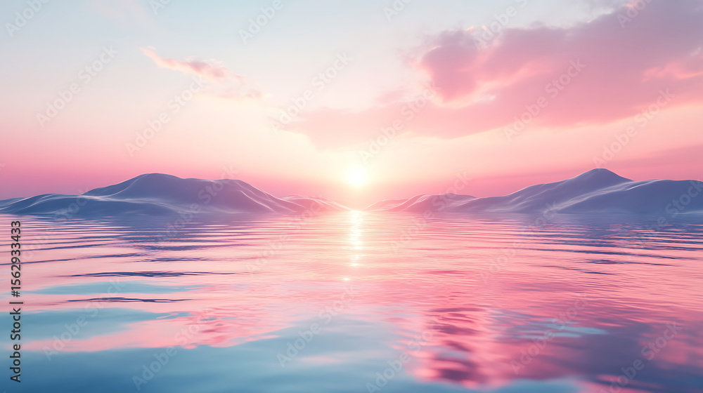 Fototapeta premium Pink sunset over water reflecting mountains and clouds in serene landscape image