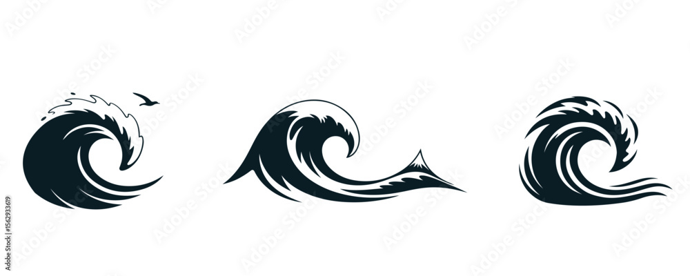 Fototapeta premium A set of three bold ocean wave silhouettes in abstract vector style.