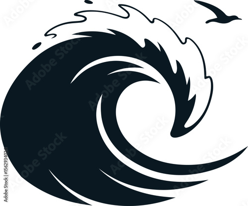 Stylized ocean wave curl with splash and flying bird silhouette.
