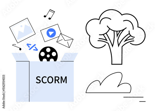 Open SCORM box releasing media icons thumbs up images, video, code, music, and email with a nearby tree and cloud. Ideal for e-learning, education, multimedia, technology environment creativity