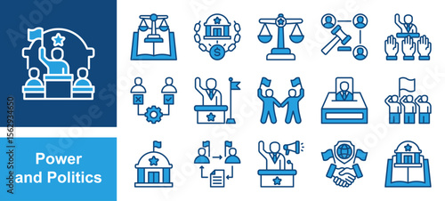 Power and Politics icon set with authority, influence, leadership, control, legitimacy, coercion, governance.