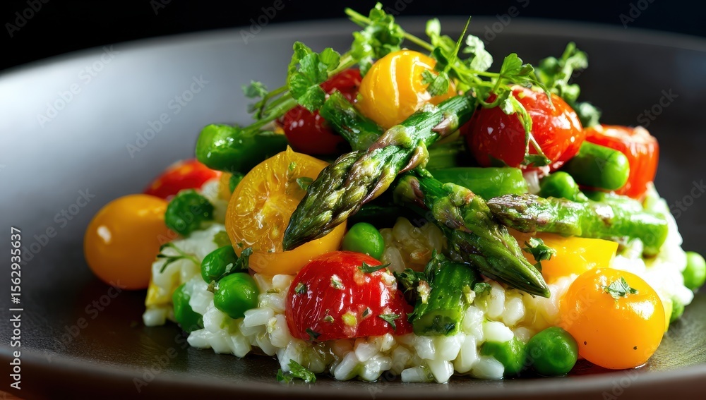 Risotto with asparagus and tomatoes on a plate, used as restaurant menu image Risotto with asparagus and tomatoes on a plate, used as restaurant menu image
