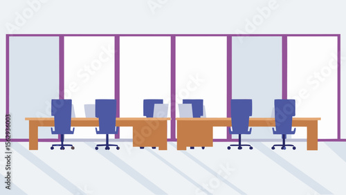 Illustration of an office space with desks chairs and large windows providing ample natural light
