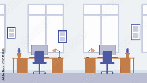 Illustration of two office desks with computers chairs and lamps in front of large windows space interior