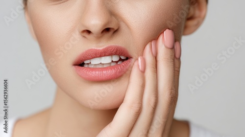 Young woman showing discomfort and holding her jaw, visible teeth clenched,