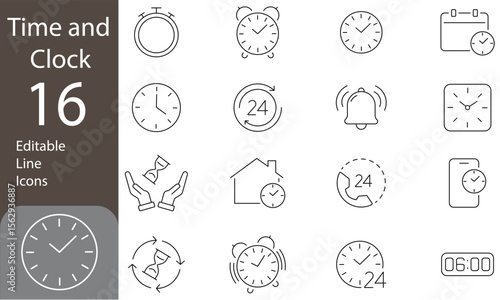 Time and Clock Editable Line Icons Set. Timer, Speed, Date, Countdown, Alarm, Recovery, Time, clock, watch and more. Vector illustration