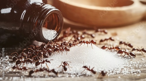 Ants feasting on spilled sugar from a dark bottle on a wooden table