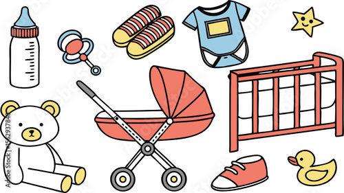 Charming baby items display tender childhood memories and warm pastel colors.