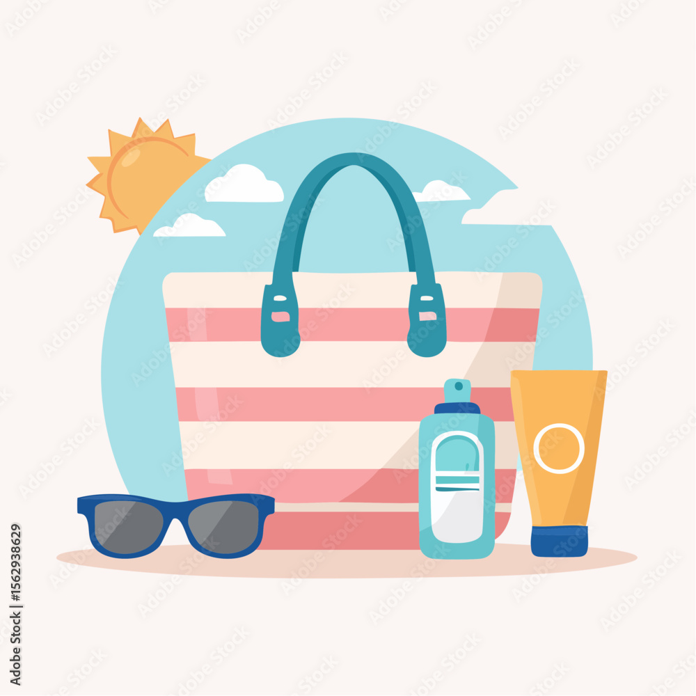 Obraz premium Summer Essentials Beach Bag, Sunglasses, Sunscreen, and Sun Protection