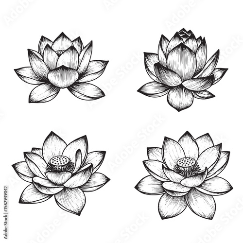 Elegant hand drawn lotus flower set decorative floral ornament design in black and white