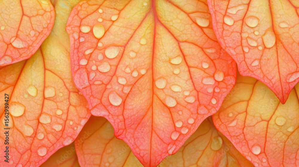 Obraz premium Close-up of Dew-Kissed Autumn Leaves: Vibrant Colors, Delicate Veins, and Texture