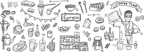 Coffee vector hand drawn set. Collections of doodle traditional cafe illustration. Morning hot drink cartoon objects isolate on background.