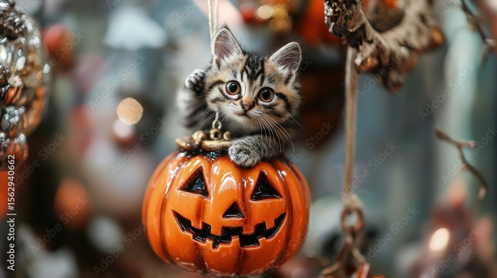 Naklejka premium Cute kitten in Halloween pumpkin