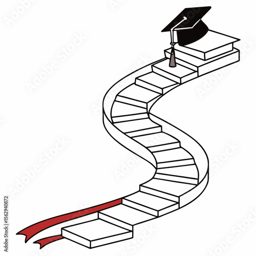 Black graduation cap on stacked books with winding stairs and red ribbon education