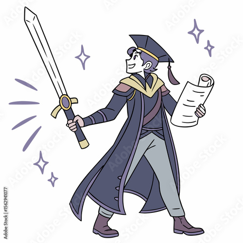 Anime graduate holding sword and scroll graduation