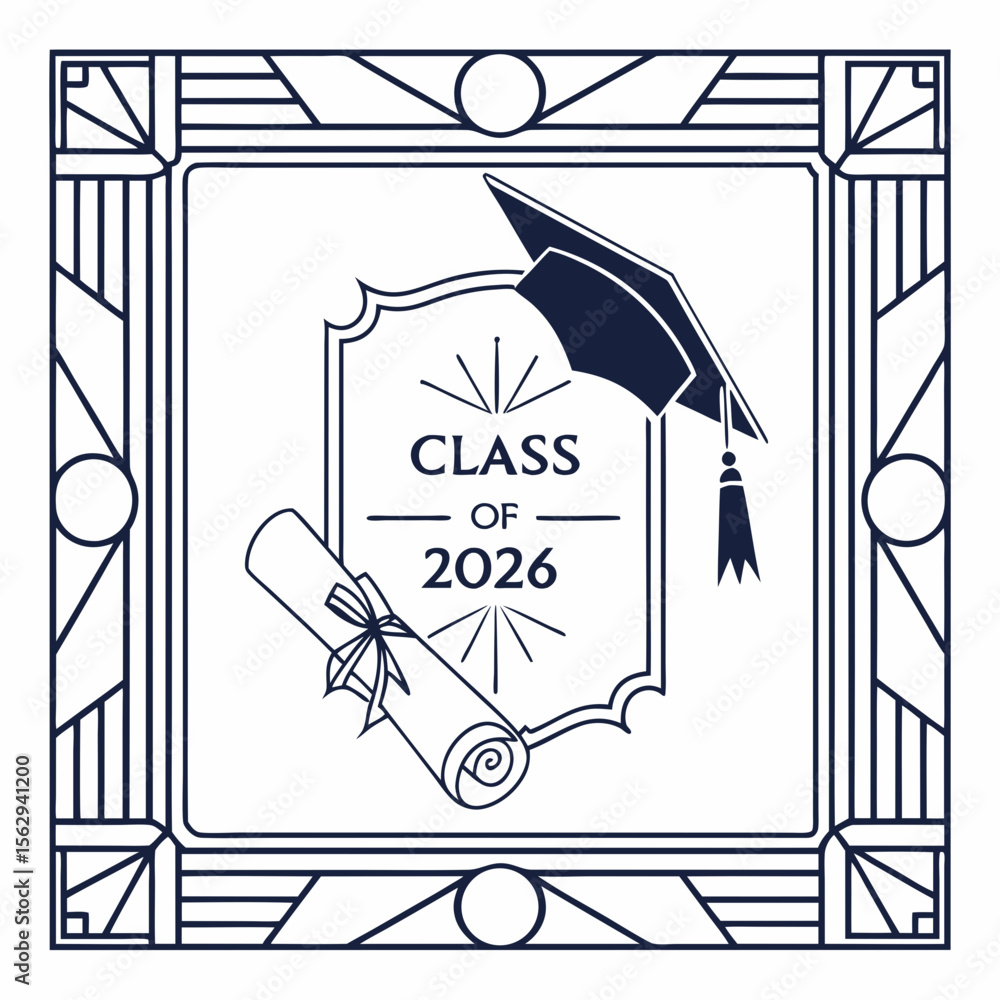 Naklejka premium Art deco graduation frame with cap and diploma class of 2026