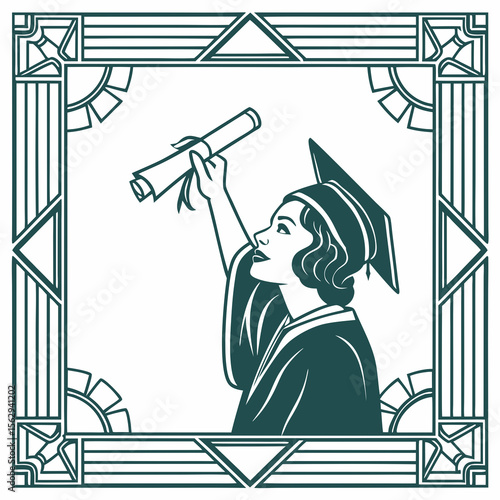 Graduate holding diploma in art deco frame graduation gown