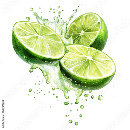 Watercolor splash of lime fruit, isolated on a white background. png