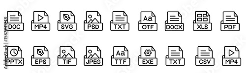 Document icon set, file type vector in various file formats including DOC, PDF, DOCX, PPT, PPTX, XLS, XLSX, TXT, CSV, ISO, RTF, HTML, JPEG, PNG, GIF, MP3, MP4, ZIP, RAR, EXE