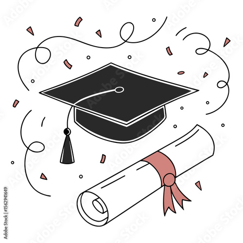 Black graduation cap scroll confetti celebration diploma scroll academic achievement