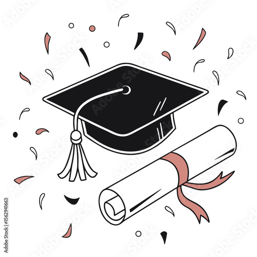 Black graduation cap diploma scroll and confetti celebration vector