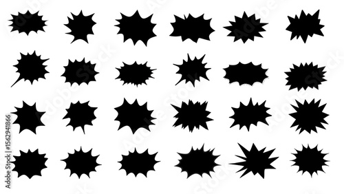 Comic explosion speech bubble vector shapes, speech bubble silhouettes, starburst designs in black. Ideal for graphic design, comic book art, pop art, and digital illustrations
