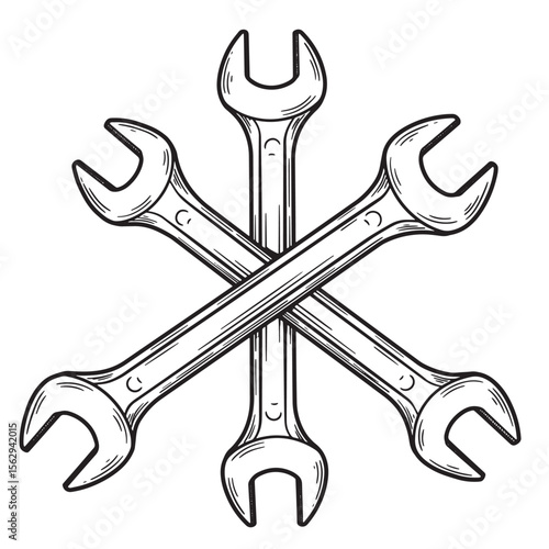 Hand drawn ornament set of crossed wrenches depicting repair and mechanics