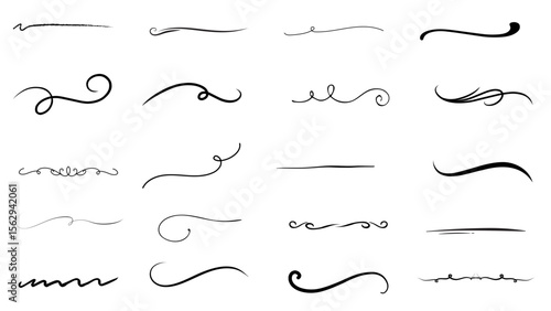 Decorative swirl, flourish, and underline vector collection for elegant design. ornament set includes calligraphic divider, swoosh, and curve elements for invitations, frames, logos, vintage projects