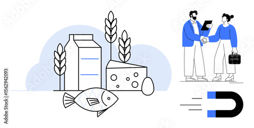 Milk carton, cheese, fish, wheat, and egg with two people shaking hands and a magnet. Ideal for business collaboration, food industry, partnership, customer attraction networking negotiation